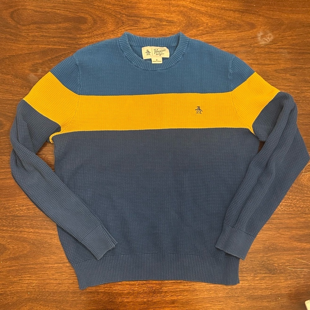Original Penguin Blue Crewneck Sweater with Yellow Chest Stripe